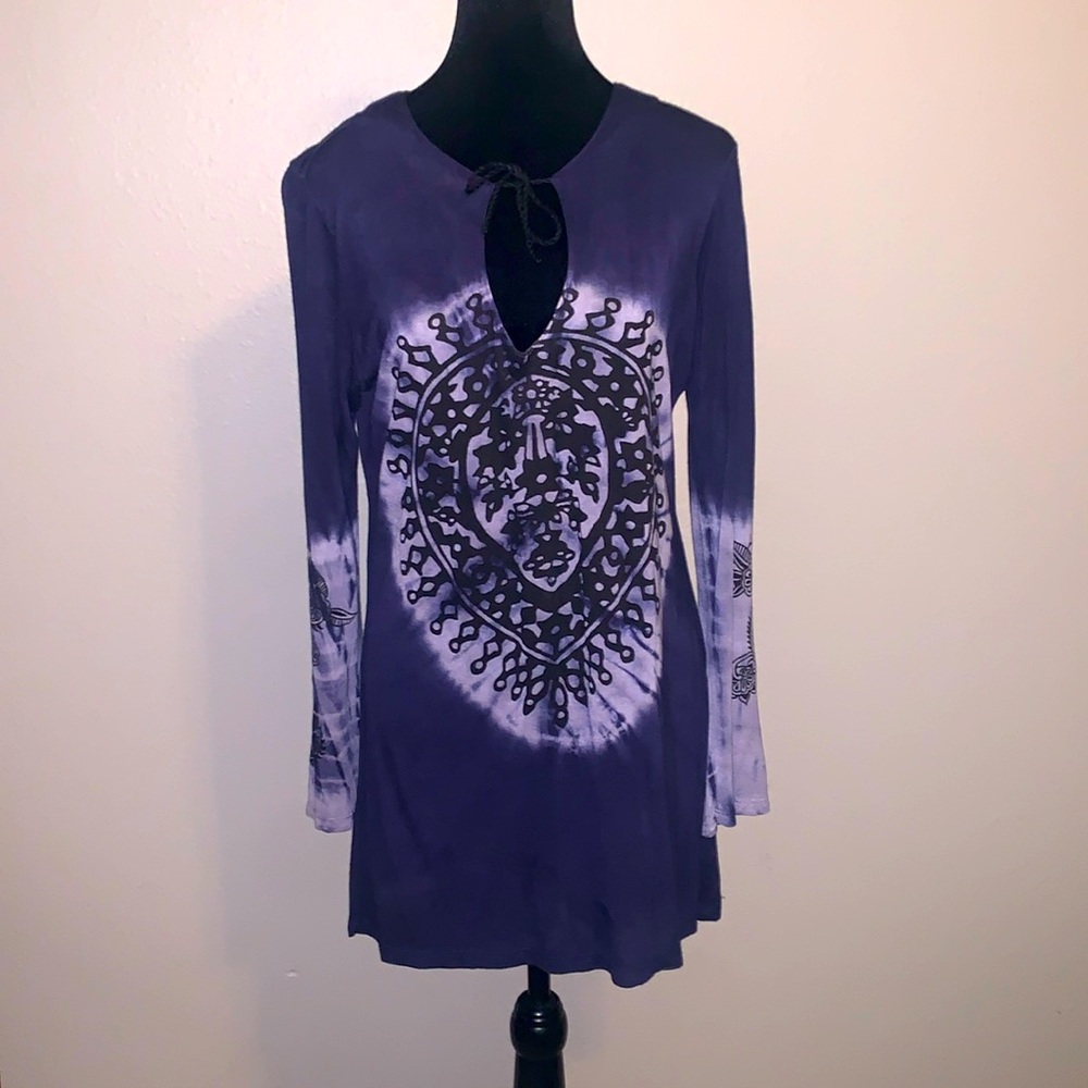 Beautiful blue tie dye long sleeve slit turmeric dress (L)